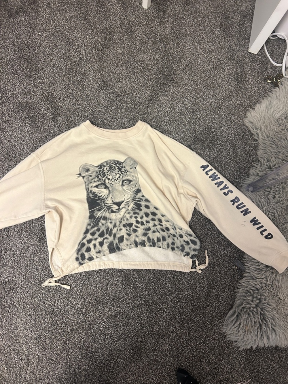 H&M Cream Kids Sweatshirt with Leopard Graphic and 'Always Run Wild' Sleeve
